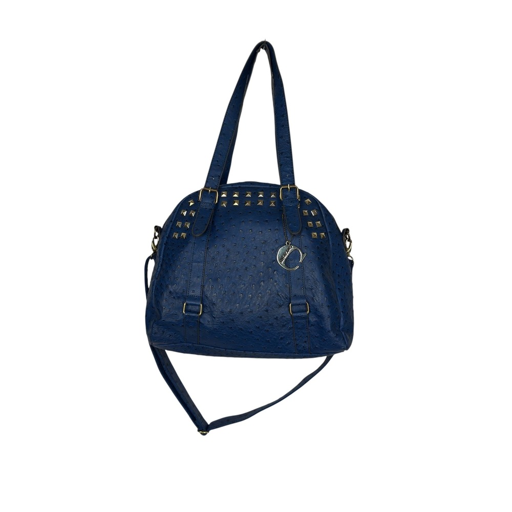 Chocolate New York Satchel OS Blue Studded Ostrich Embossed Edgy Chic Handbag